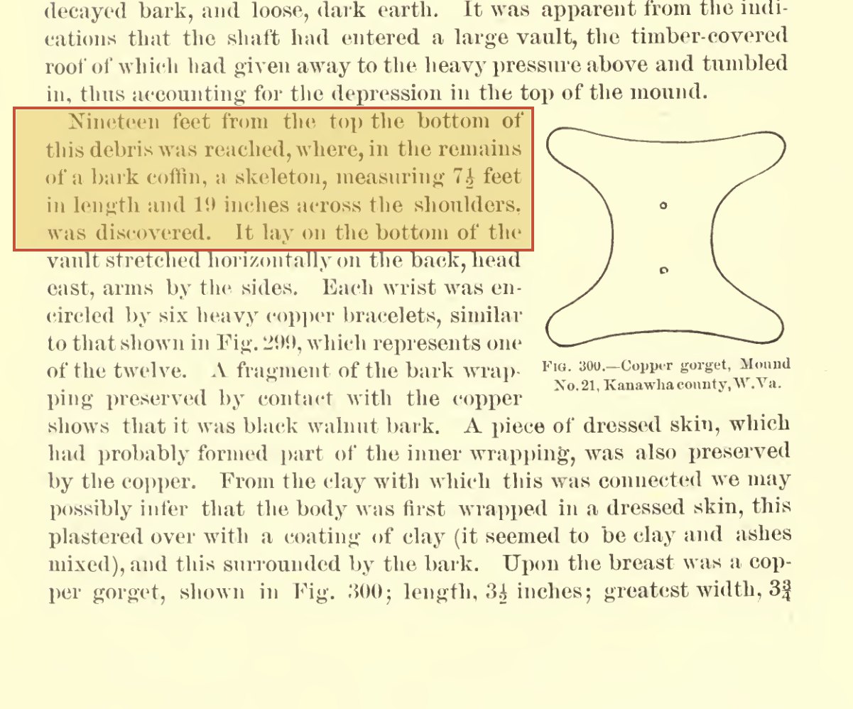 Page 426 of the Smithsonian Bureau of Ethnology's 1894 mound report, with a drawing of a copper bracelet and the line describing a skeleton measuring seven and a half feet.